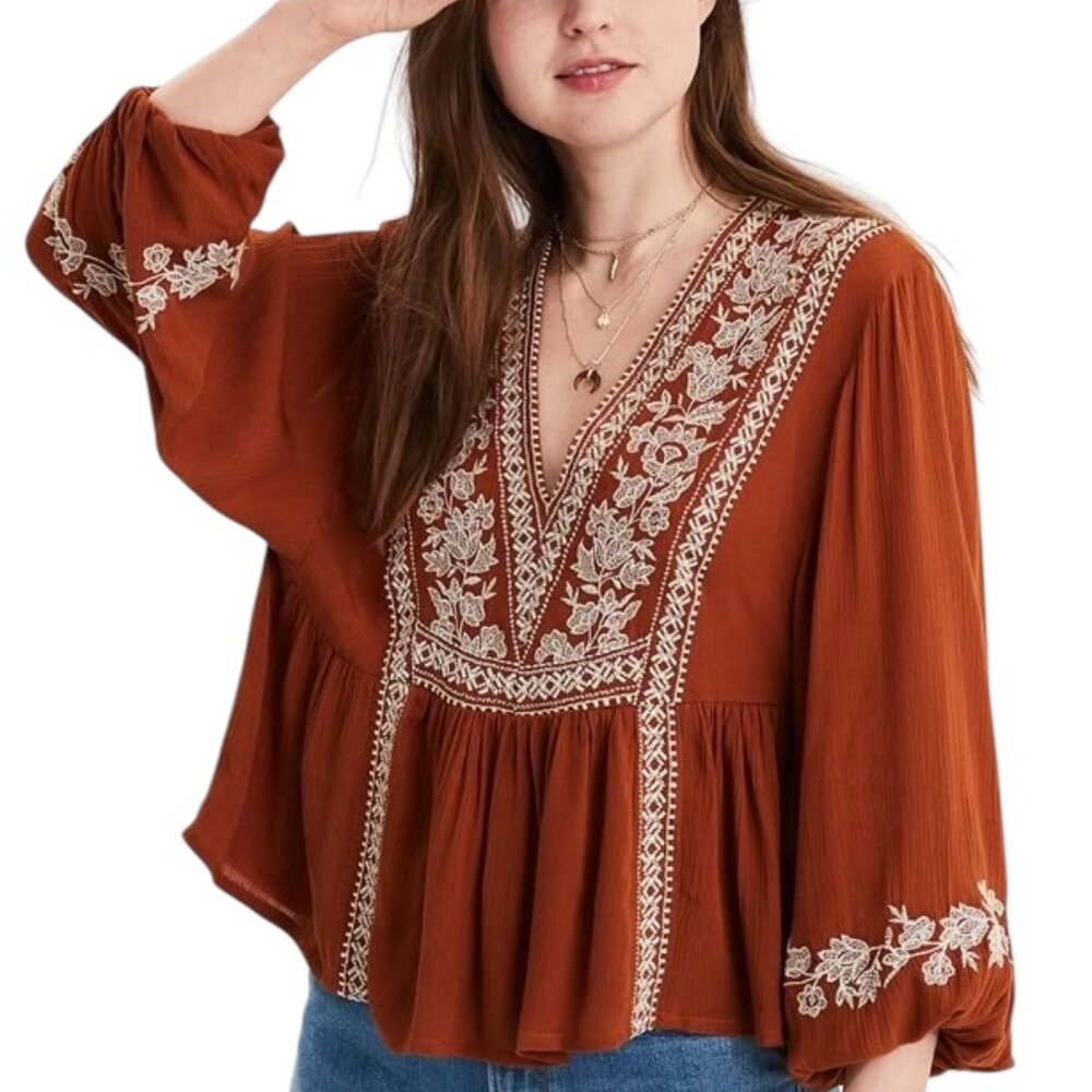 American Eagle Peasant Shirt Women S Orange Excellent Boho Puff Sleeve AE